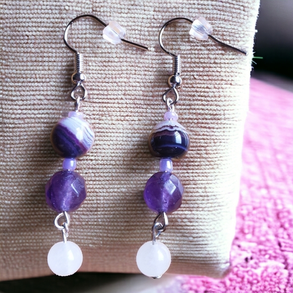 Purple Agate, Amethyst, Selenite and Sterling Silver Beaded Handcrafted Earrings - Picture 3 of 6